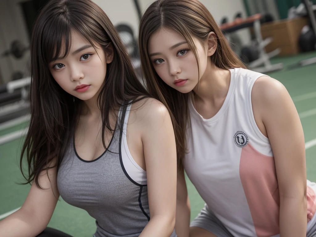 (masterpiece, best quality), best resolution, (2heads:1.5), 1girl, purple hair, ponytail, green eyes, right head's mouth closed, left head's mouth open, casual, talking to viewer, happy, white tank top, blue short pants, one hand on hip, outdoor tennis court