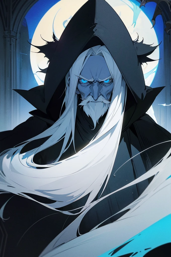 An old man with white hair wearing a black cloak, over his hand magical blue flames float, long beard and mysterious and mischievous look. Interior of a mansion, Fantasy world. ((best qualityer)), ((work of art)), (detailded)) ((anime styling))