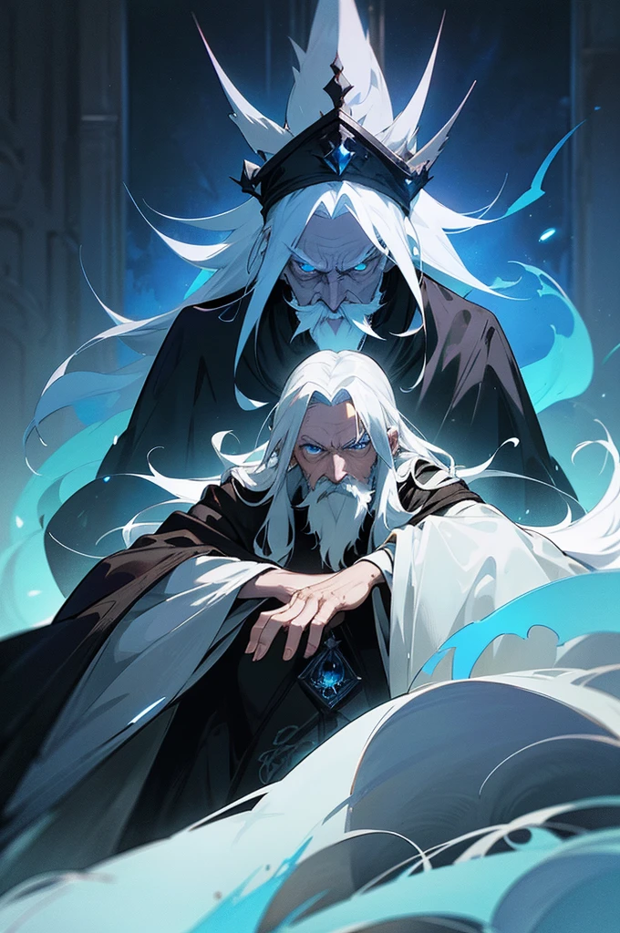 An old man with white hair wearing a black cloak, over his hand magical blue flames float, long beard and mysterious and mischievous look. Interior of a mansion, Fantasy world. ((best qualityer)), ((work of art)), (detailded)) ((anime styling))