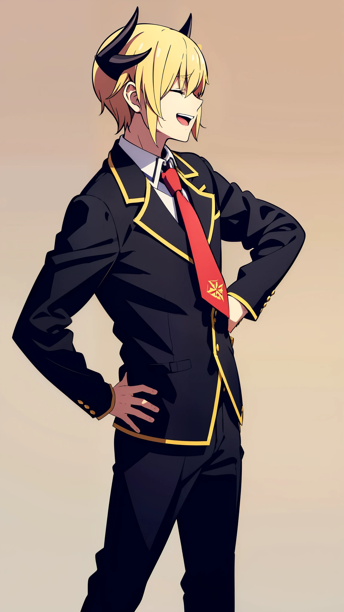 1boy,18s,short hair,blonde hair,smile,solo,(no background, simple background),red necktie,black jacket, blazer,long sleeves,pants,horns,black Blindfold,open mouth,profile,standing