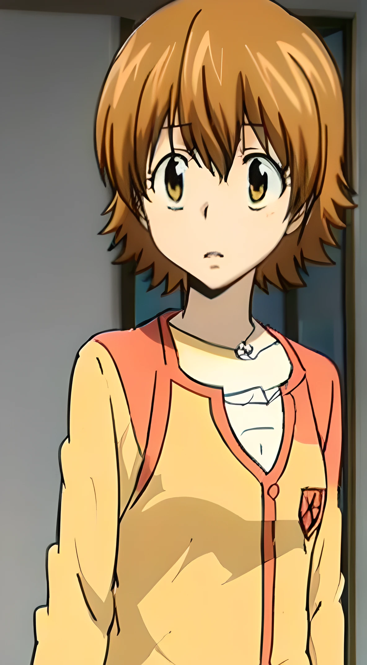 kyoko1, short hair, brown hair, brown eyes, White t shirt, shortslevees, squared neck shirt, pink Striped Dress,Yellow cardigan, unbuttoned cardigan, masterpiece, looking at the viewers, high quality,  
