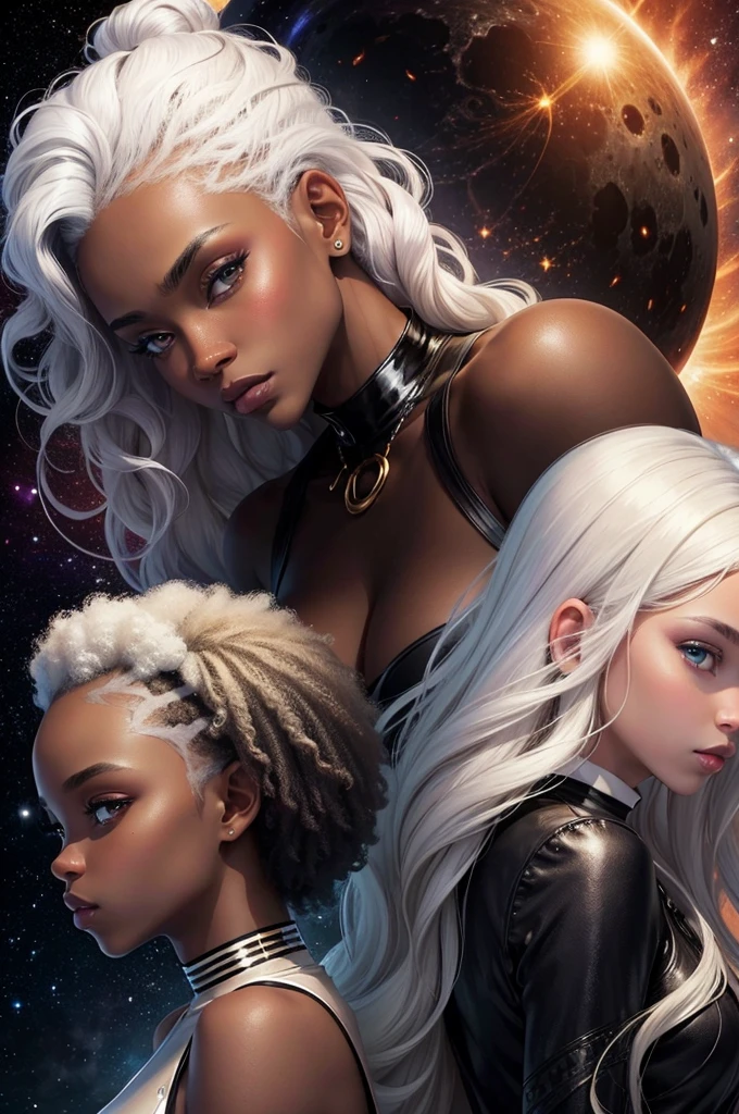 black twin sisters, moon and sun, magie, background of a galaxy, one with blonde hair and the other with white hair, [[dark ski]], afro, darkskin