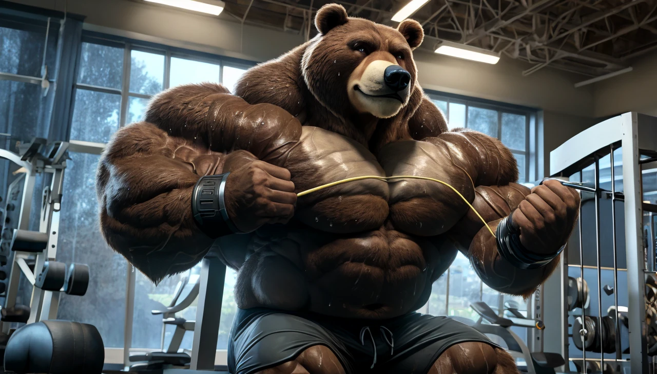 Big brown furry kodiak muscle bear with huge muscles with black gym shorts, black gym shoes and black wristbands at the gym doing incline cable row flyes sweating off with veins