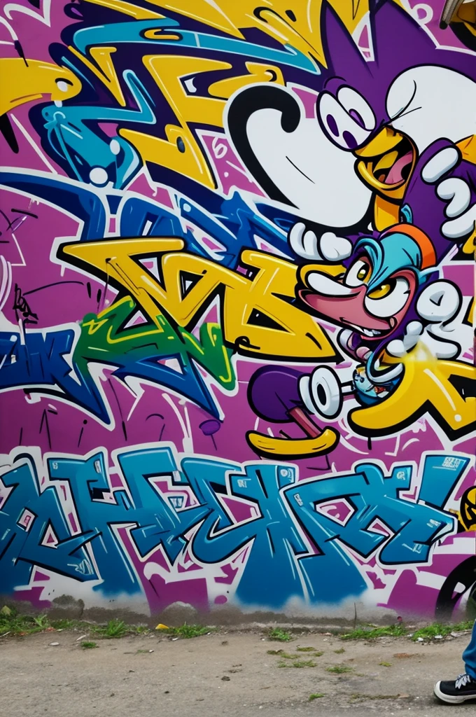 Make Rayman in a cartoon doing graffiti that says "vocational school"