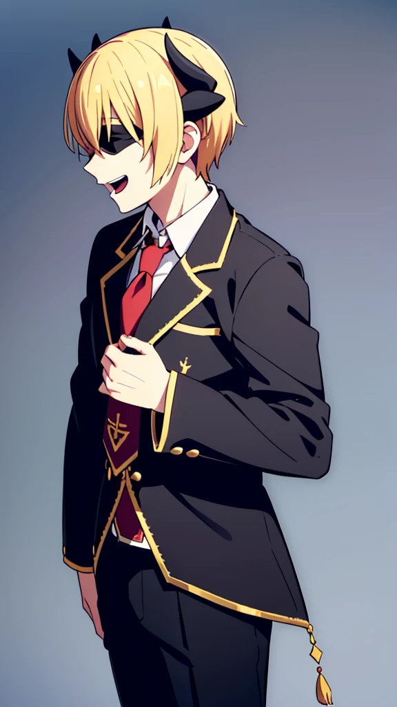 1boy,18s,short hair,blonde hair,smile,solo,(no background, simple background),red necktie,black jacket, blazer,long sleeves,pants,horns,black Blindfold,open mouth,profile,standing