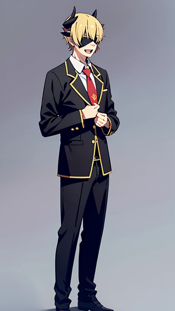 1boy,18s,short hair,blonde hair,smile,solo,(no background, simple background),red necktie,black jacket, blazer,long sleeves,pants,horns,black Blindfold,open mouth,profile,standing