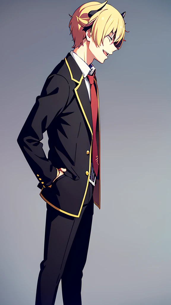 1boy,18s,short hair,blonde hair,smile,solo,(no background, simple background),red necktie,black jacket, blazer,long sleeves,pants,horns,black Blindfold,open mouth,profile,standing