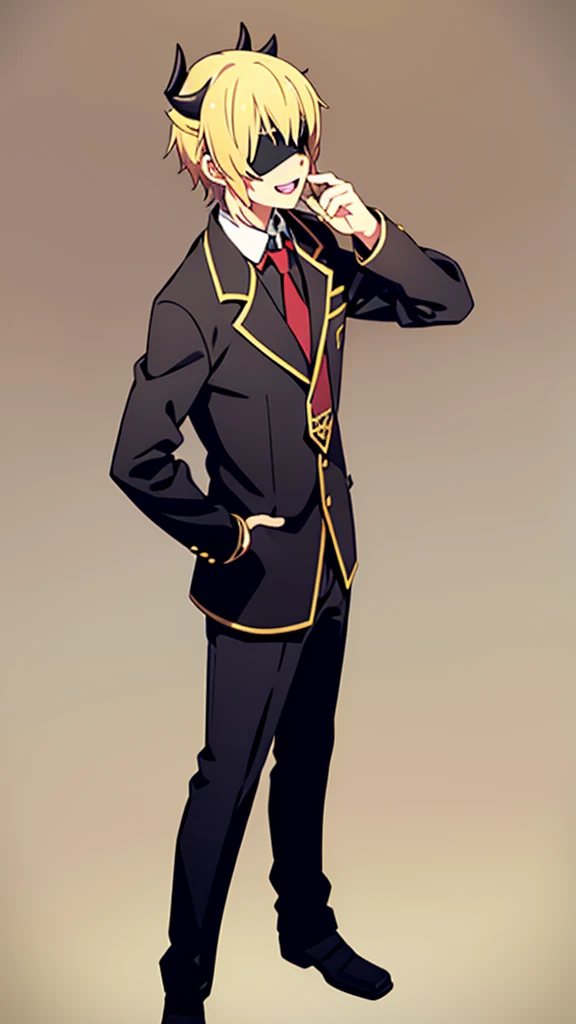 1boy,18s,short hair,blonde hair,smile,solo,(no background, simple background),red necktie,black jacket, blazer,long sleeves,pants,horns,black Blindfold,open mouth,profile,standing