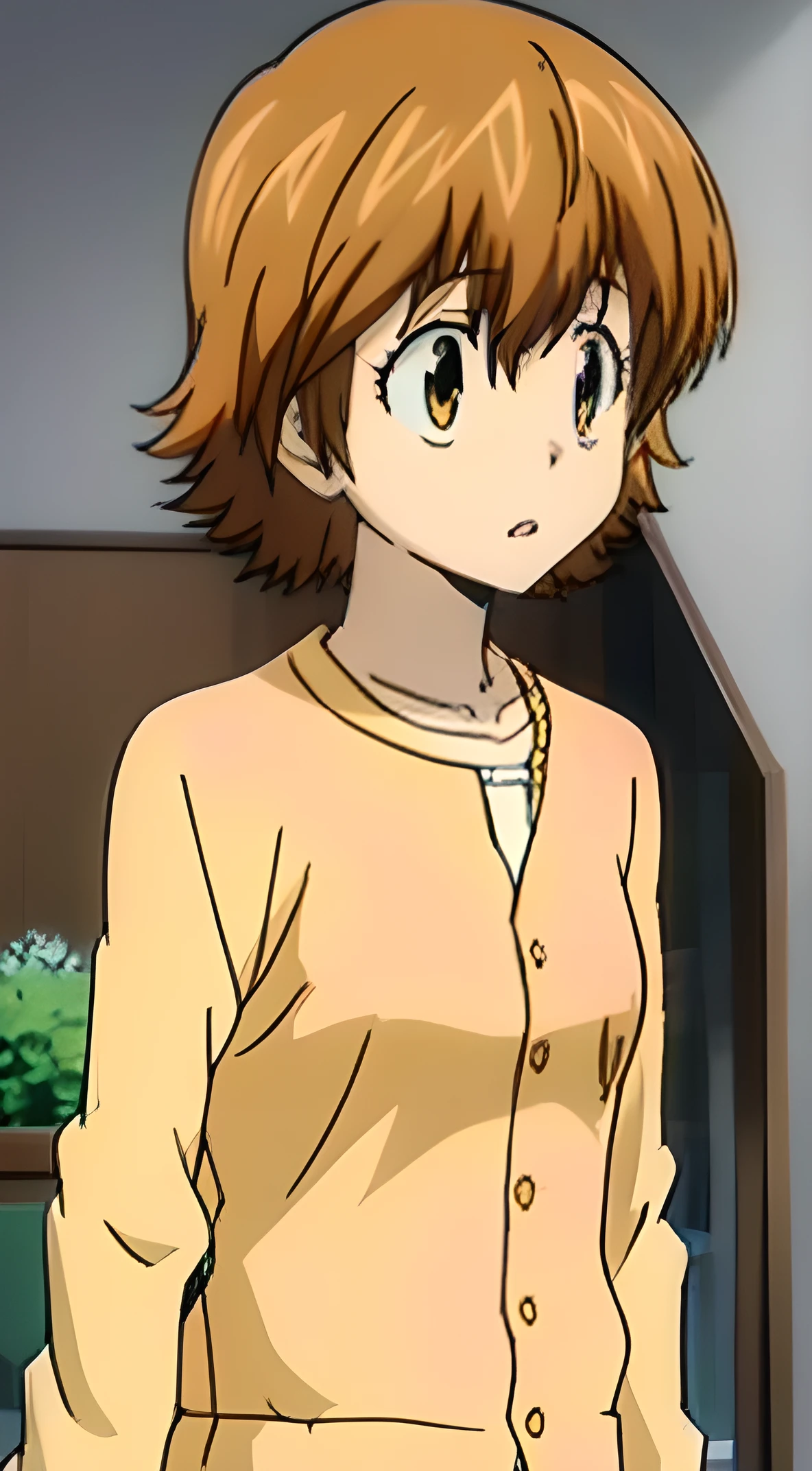 kyoko1, short hair, brown hair, brown eyes, White t shirt, shortslevees, squared neck shirt, pink Striped Dress,Yellow cardigan, unbuttoned cardigan, masterpiece, looking at the viewers, high quality,  