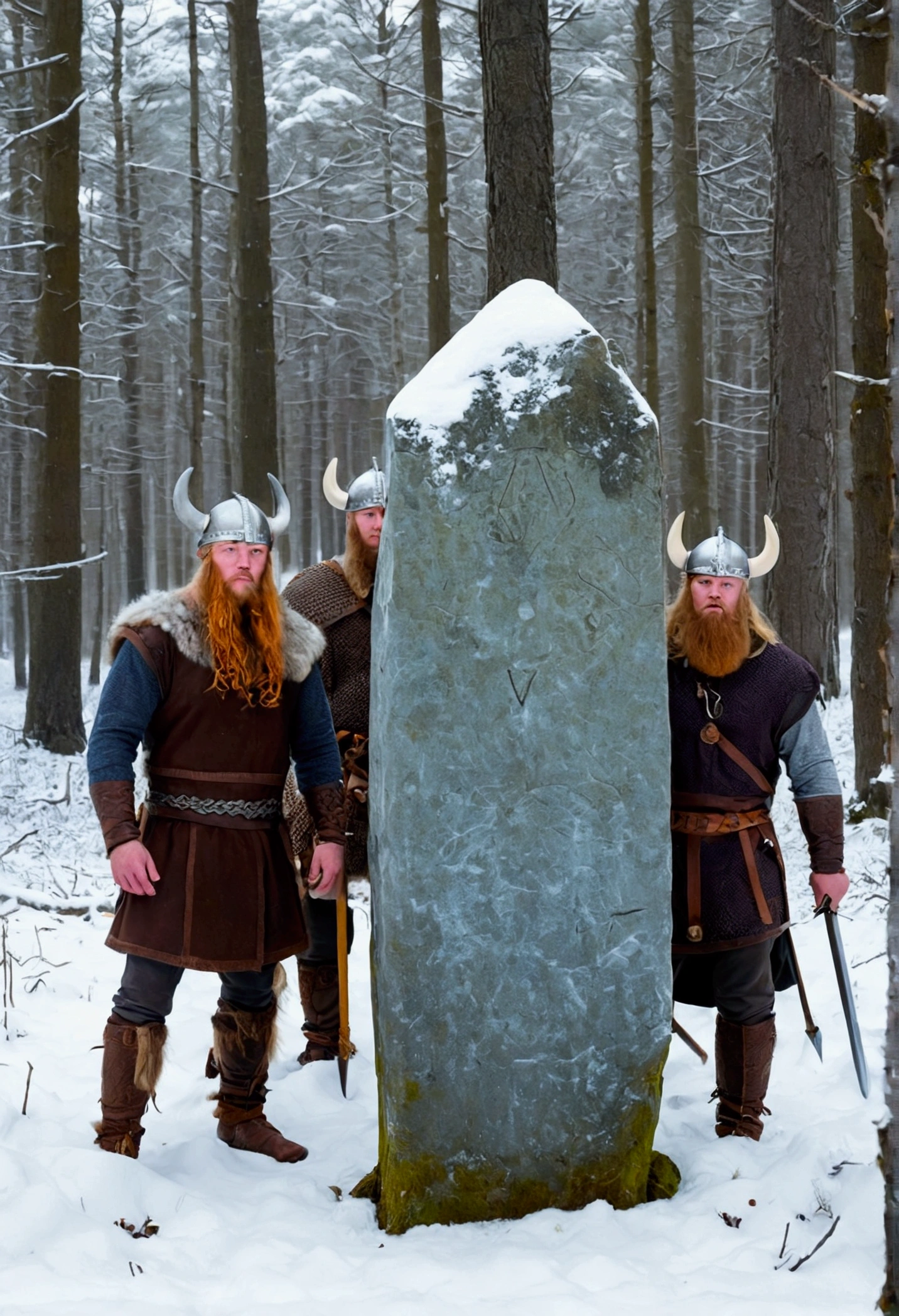 As they walked through the snow-filled forest, a pale, bluish light caught Bjorn&#39;s attention (( and six fellow Vikings)). Curious onlookers, They followed the light to a clearing where a runestone gleamed beneath the snow..