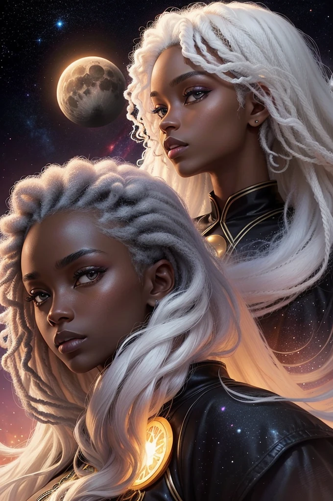 black twin sisters, moon and sun, magie, background of a galaxy, one with blonde hair and the other with white hair, [[dark skin]], afro, darkskin