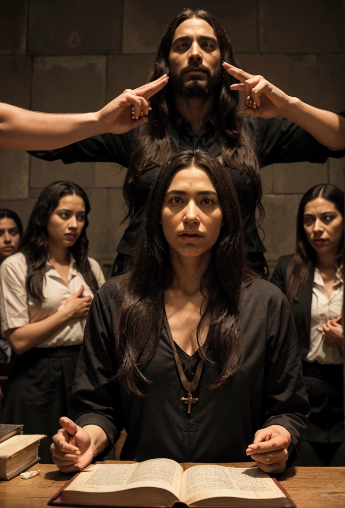 Jesus casting out a demon from a person and some teachers of the law nearby
