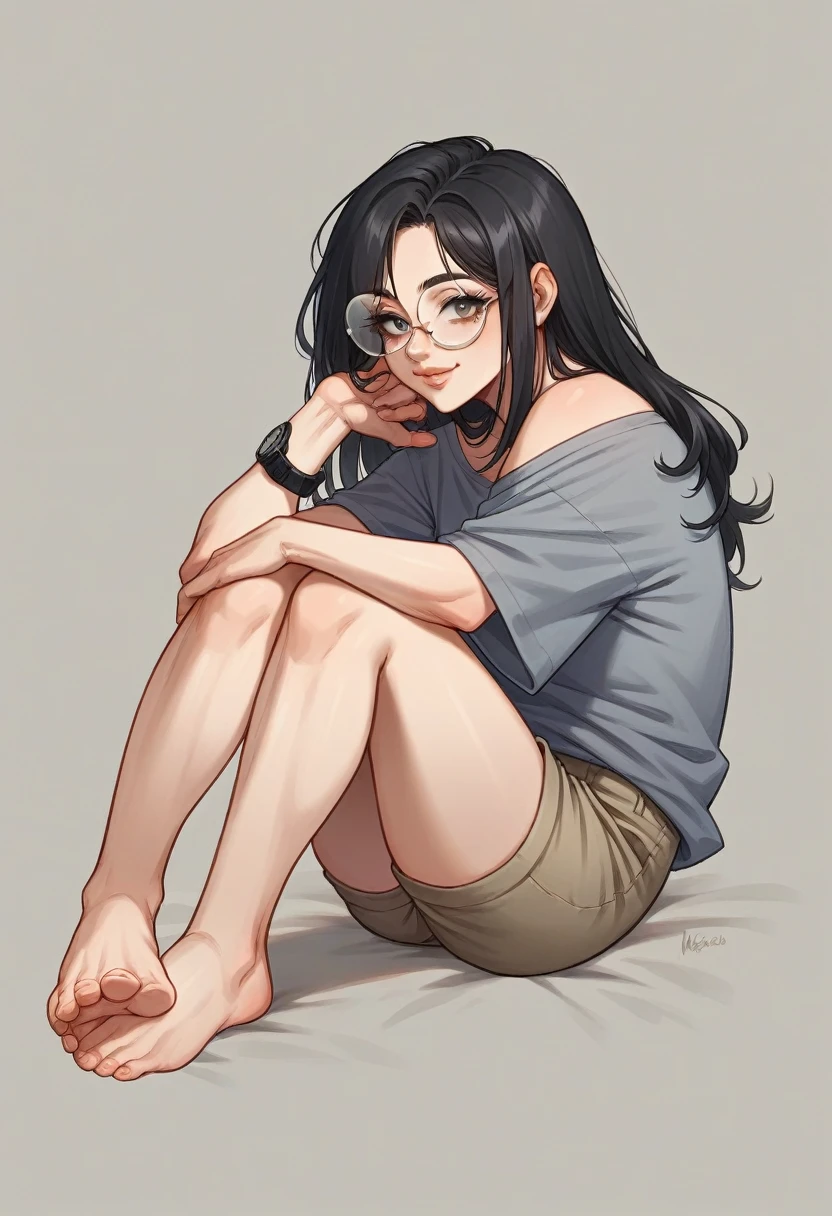 I created an image of a woman with white skin, loose black hair, eyes large, beautiful smile, fleshy lips, gray shirt, mustard shorts, called Neiara, which is the sign of Libra ♎, with the character Yato from Noragami drawn on the shirt, feet resting, Black watch on the arm, wearing light brown transparent glasses, and she is fun.
