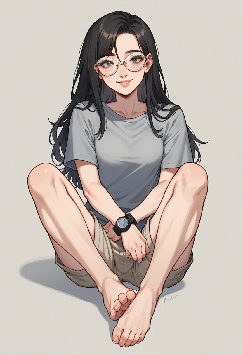 I created an image of a woman with white skin, loose black hair, eyes large, beautiful smile, fleshy lips, gray shirt, mustard shorts, called Neiara, which is the sign of Libra ♎, with the character Yato from Noragami drawn on the shirt, feet resting, Black watch on the arm, wearing light brown transparent glasses, and she is fun.
