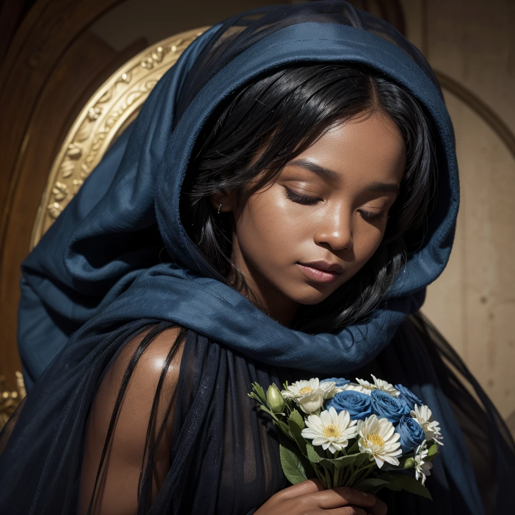 Painting of a 40 year old black woman, Holding a bouquet of flowers in her hands, with a blanket and long veil on her head covering her hair, in blue colors, with details in pure gold, black features on the face and with eyes closed, saint&#39;s woman, virgin mary, with a crown on his head made of gold with a cross on top. Blue sky background in painting, with sunlight behind Portrait of Our Lady of Aparecida, virgin mary, beautiful gold saint, black fur, female goddess, catholic religious art, catholic icon, queen of heaven, masterpiece, patron saint of Brazil.