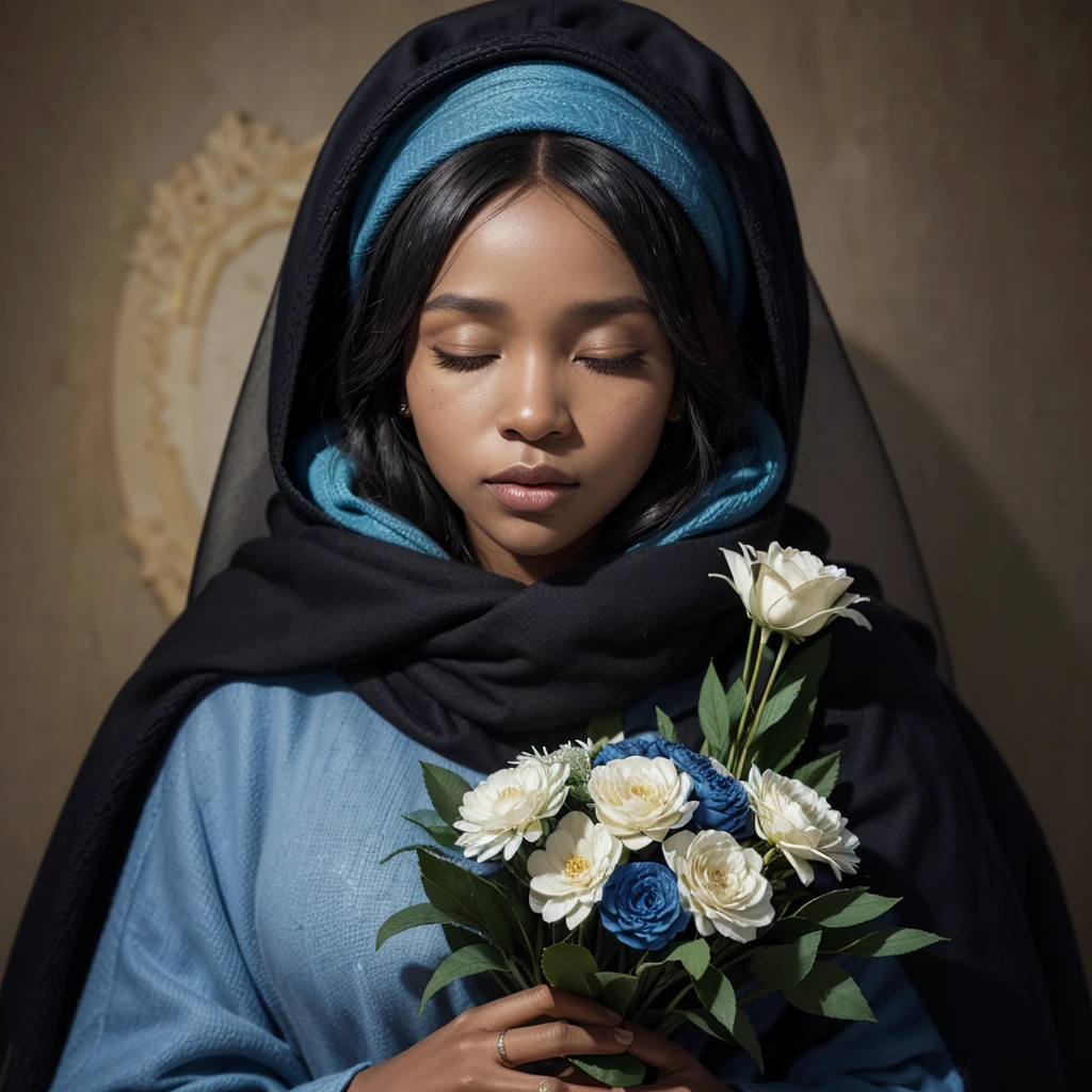 Painting of a 40 year old black woman, Holding a bouquet of flowers in her hands, with a blanket and long veil on her head covering her hair, in blue colors, with details in pure gold, black features on the face and with eyes closed, saint&#39;s woman, virgin mary, with a crown on his head made of gold with a cross on top. Blue sky background in painting, with sunlight behind Portrait of Our Lady of Aparecida, virgin mary, beautiful gold saint, black fur, female goddess, catholic religious art, catholic icon, queen of heaven, masterpiece, patron saint of Brazil.