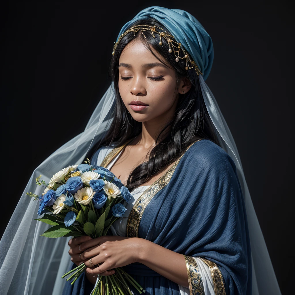 Painting of a 40 year old black woman, Holding a bouquet of flowers in her hands, with a blanket and long veil on her head covering her hair, in blue colors, with details in pure gold, black features on the face and with eyes closed, saint&#39;s woman, virgin mary, with a crown on his head made of gold with a cross on top. Blue sky background in painting, with sunlight behind Portrait of Our Lady of Aparecida, virgin mary, beautiful gold saint, black fur, female goddess, catholic religious art, catholic icon, queen of heaven, masterpiece, patron saint of Brazil.