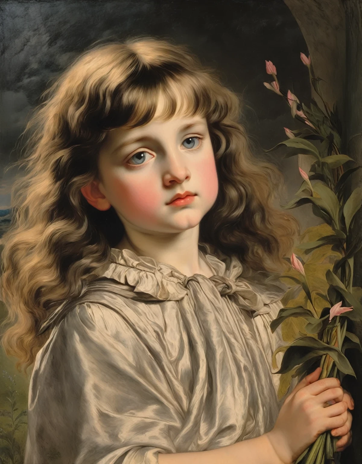 allegory, ( angel with a wreath of lilies), dark clouds, pink/gray/sepia, Renaissance, graininess, worn canvas, scuff gradient, ((Tiepolo/Fra Angelico/Titian style)),chiaroscuro, oil, acrylic, intricate, extreme detail, complex key, ((single shot)), ((best quality)), ((masterpiece)), ((Pre-Raphaelism)), 8k, impressionism: 0.2 full hd wallpaper
