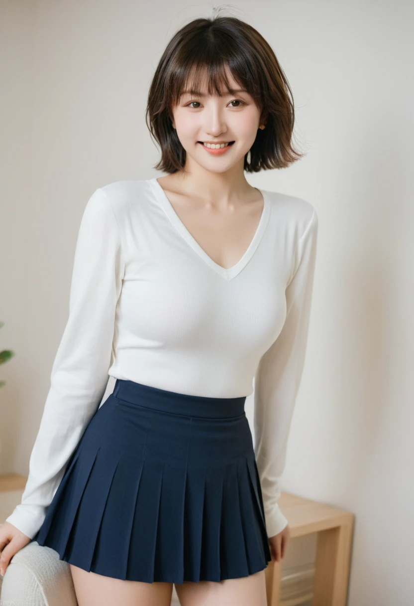 zydG, 1girl, detailed skin, looking at viewer, brown eyes, (short hair with bangs:1.2),big breast, (medium areolae:0.8), (photorealistic:1.4), (best quality:1.0), (ultra highres:1.0), 8k, RAW photo, (masterpiece:0.2), (pureerosface_v1:0.5) skirt lift, white pantie, show pantie, smile, darkblue skirt,sexy open leggs,senrankagura,asuka