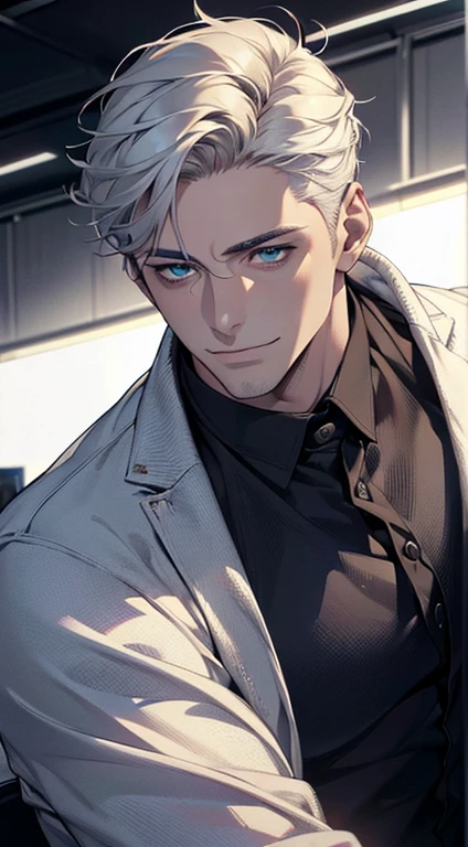 (best quality,4k,8k,highres,masterpiece:1.2),ultra-detailed,(realistic,photorealistic,photo-realistic:1.37),1 man,31 years old,mature man,very handsome,without expression,smile,short white hair,blue eyes,penetrating gaze,perfect face without errors,imposing posture,businessman,office background,cinematic lighting,hdr image