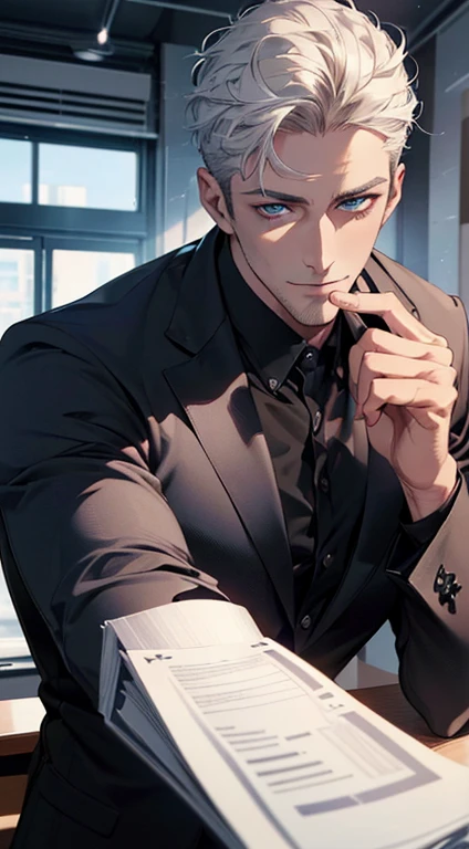 (best quality,4k,8k,highres,masterpiece:1.2),ultra-detailed,(realistic,photorealistic,photo-realistic:1.37),1 man,31 years old,mature man,very handsome,without expression,smile,short white hair,blue eyes,penetrating gaze,perfect face without errors,imposing posture,businessman,office background,cinematic lighting,hdr image