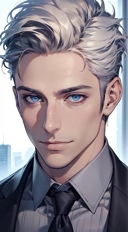 (best quality,4k,8k,highres,masterpiece:1.2),ultra-detailed,(realistic,photorealistic,photo-realistic:1.37),1 man,31 years old,mature man,very handsome,without expression,smile,short white hair,blue eyes,penetrating gaze,perfect face without errors,imposing posture,businessman,office background,cinematic lighting,hdr image