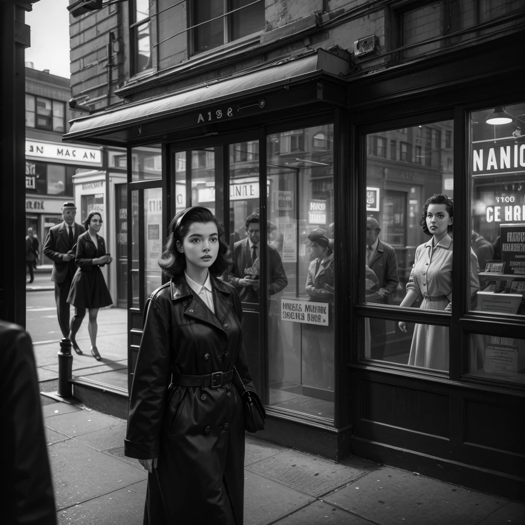 Realistic image of a 1950s girl walking down a New York street, looking in the windows. Men pass by her and watch her. Style of the time, black andwhite, film noir, analog, hyperrealisti, Cinematic.