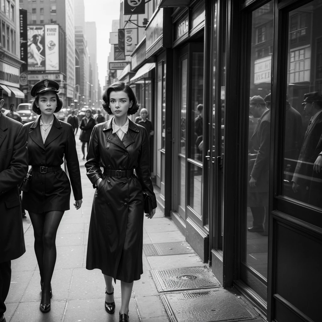 Realistic image of a 1950s girl walking down a New York street, looking in the windows. Men pass by her and watch her. Style of the time, black andwhite, film noir, analog, hyperrealisti, Cinematic.