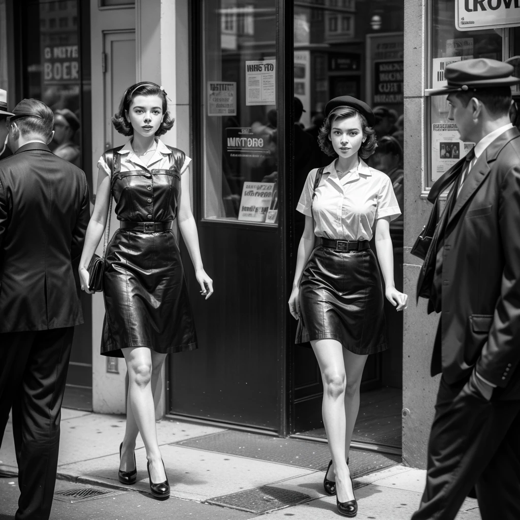 Realistic image of a 1950s girl walking down a New York street, looking in the windows. Men pass by her and watch her. Style of the time, black andwhite, film noir, analog, hyperrealisti, Cinematic.
