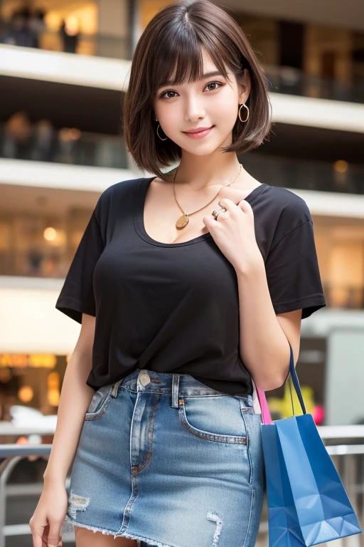 girl, White skin, ((Dark brown short tiered hair)), V cut with layers and bangs, Brown eyes, Soft atmosphere characteristics (Highest quality, Ultra-high resolution, 8K, RAW Photos, Ultra-high resolution: 1.2, masterpiece: 1.3), (Realistic, Realistic: 1.37), Very detailed, Professional Lighting, Photon Mapping, Radio City, 物理ベースレンダring, One Girl, (high school girl), Sharp focus:1.2、Beautiful woman:1.4,cute, Nice, Adorable smile, Normal chest, Cross Necklace、Earrings、ring,Selfie,(Cleavage)、((Dark brown short hair),(Shopping mall, Clothing store, colorful t-shirt, Denim skirt, Shopping bag, A happy look)