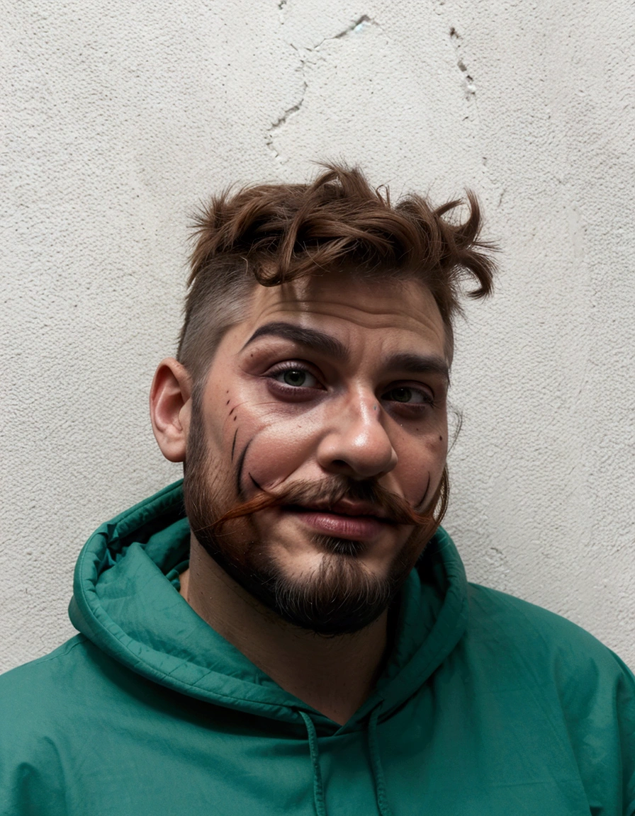 there is a man with a beard with clown makeup, man with clown wig and green hood, stocky, sascha schneider, short scruffy beard, with a little beard, unkempt beard, little beard, unkempt hair and beard, james daly, scruffy beard, 30 years old man, Lee Griggs, small goatee, Andrew Dickson, makeup inspired by the joker character