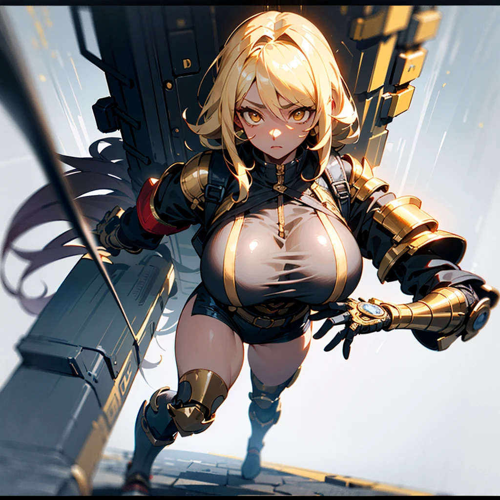 ((best quality)), ((masterpiece)), (detailed), 1girl, 8k_wallpaper, extremely detailed eyes, extremely detailed body, (large masterpiece digital art), ((perfect anatomy huge chest)), (intricate details:1.3 ), (ultra-detailed:1.3), (sharp focus:1.3), (natural lighting:1.05), (best quality:1.4), high quality, expressive eyes, full body, tall girl, detailed face, beautiful face, perfect face, detailed ((blonde hair)), (gold eyes), ({dark skinned female}), gigantic breasts, thick thighs, strong arm and leg muscles, strong abdominal muscles, Korean women, wearing a modern short black cloth jacket with rolled up sleeves, (wearing heavy gold colored steel cyber armor), a wide red leather belt with blue steel yarn, steel boots, steel thigh guards, a walkie-talkie attached to his belt, a hiking backpack on his back, riding a motorcycle through Seoul at night, cyberpunk,