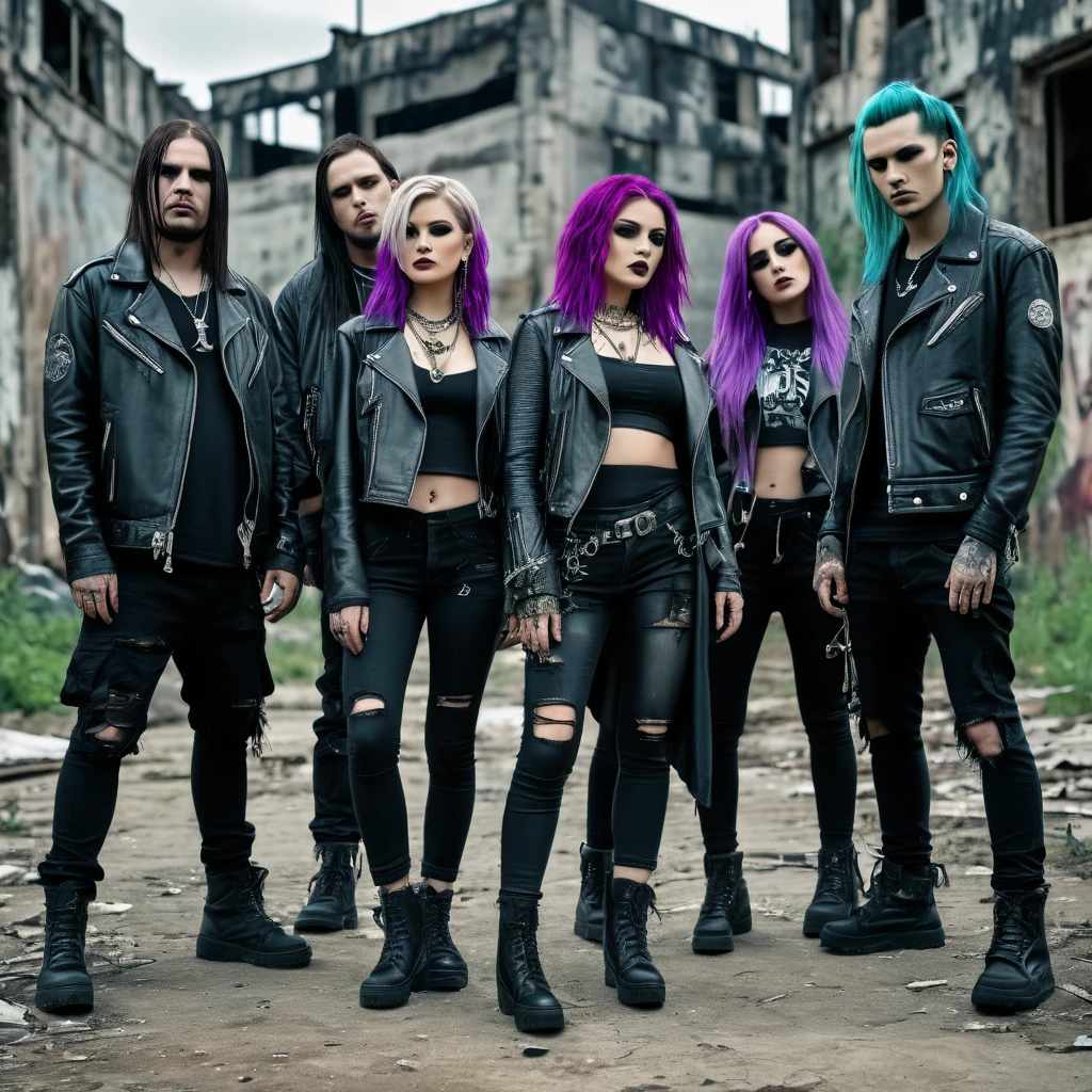 (Masterpiece, 8K, UHD, high resolution: 1.4), realistic photo of 5 members of a nu metal band, (2 women and 3 men: 1.2), (wearing 2000s nu metal style clothing: 1.3), (confident and dynamic pose for promo photo: 1.2), (background of an abandoned and worn-down location: 1.2), (some members with hair dyed blue, purple, or green: 1.2), (elements of alternative fashion and rebellious attitude: 1.3), (dark and industrial atmosphere: 1.3), (realistic and intricate details: 1.2), (elements of music and subculture: 1.2), (captivating and strong perspective: 1.3)
