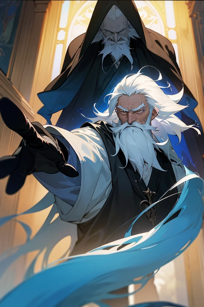 An old man with white hair wearing a black cloak, outstretched hand, over his hand magical blue flames float, long beard and mysterious and mischievous look. Interior of a mansion, Fantasy world. ((best qualityer)), ((work of art)), (detailded)) ((anime styling))