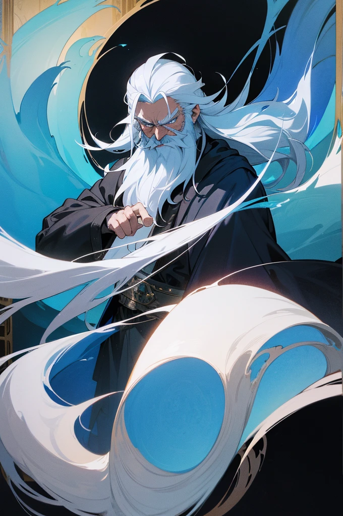 An old man with white hair wearing a black cloak, outstretched hand, over his hand magical blue flames float, long beard and mysterious and mischievous look. Interior of a mansion, Fantasy world. ((best qualityer)), ((work of art)), (detailded)) ((anime styling))