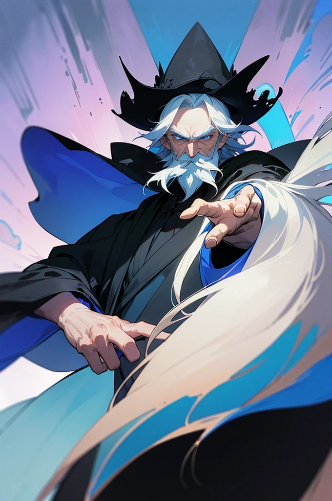 An old man with white hair wearing a black cloak, outstretched hand, over his hand magical blue flames float, long beard and mysterious and mischievous look. Interior of a mansion, Fantasy world. ((best qualityer)), ((work of art)), (detailded)) ((anime styling))