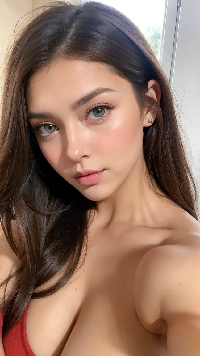 afed Woman wearing red shirt, Sexy girl with green eyes, tanned skin, Portrait Sophie Mudd, brown hair and large eyes, selfie of a young woman, Violet Myers, without makeup, Natural makeup, staring directly into camera, cara con artgram, subtle makeup, Impresionante foto de whole body, piercing green eyes, beautiful angle, attractive pose, Cute , only face pose, brunette goddess, High detail, Satisfied pose,realistic eyes
