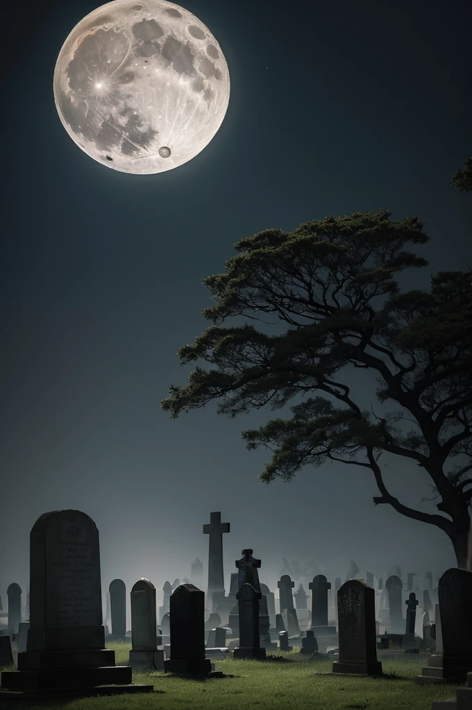 A nighttime view of the cemetery with a full moon shining in the sky.Dense fog covering the ground and enveloping the tombstones.Ancient, moss-covered tombstones, some cracked and weathered.An old, sinister crypt prominently featured, with a faint light emanating from within.