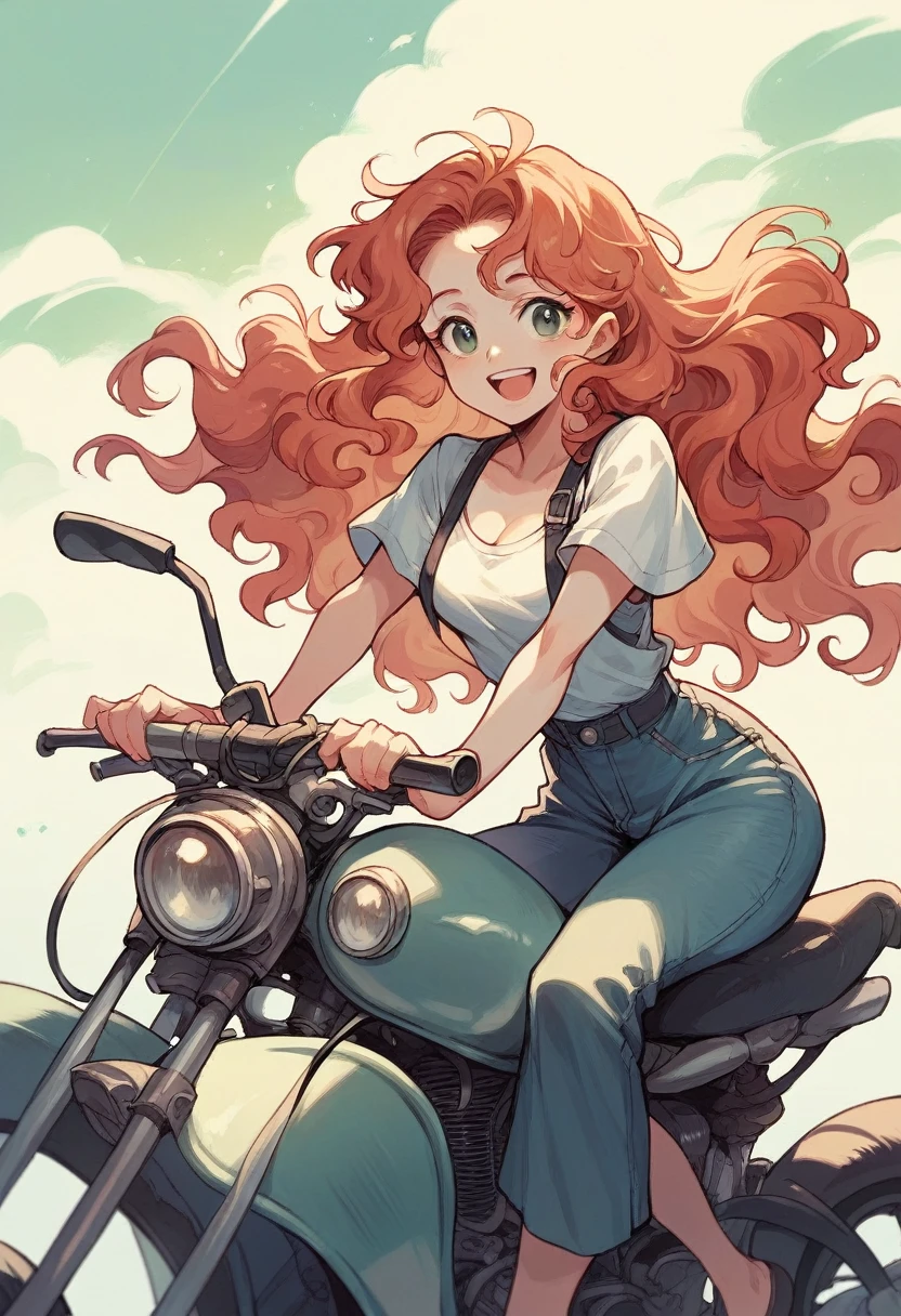Create a young woman of 26 years with straight wavy hair and white skin fixing a classic motorcycle smiling 