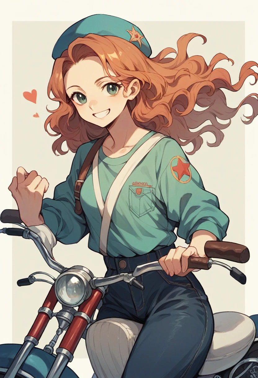 Create a young woman of 26 years with straight wavy hair and white skin fixing a classic motorcycle smiling 