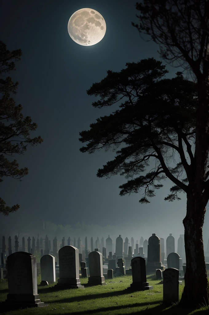 A nighttime view of the cemetery with a full moon shining in the sky.Dense fog covering the ground and enveloping the tombstones.Ancient, moss-covered tombstones, some cracked and weathered.An old, sinister crypt prominently featured, with a faint light emanating from within.