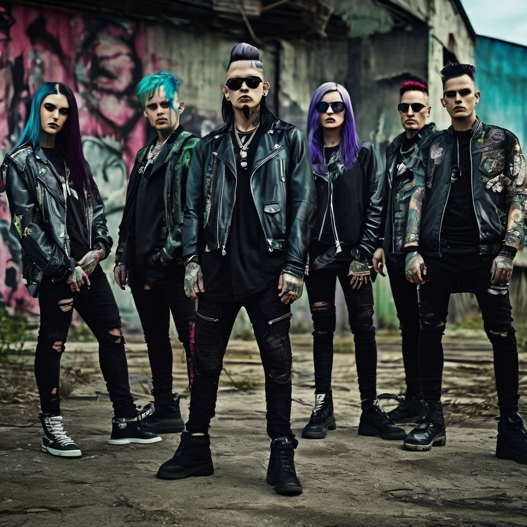 (Masterpiece, 8K, UHD, high resolution: 1.4), realistic photo of 5 members of a nu metal band, (2 women and 3 men: 1.2), (wearing 2000s nu metal style clothing: 1.3), (confident and dynamic pose for promo photo: 1.2), (background of an abandoned and worn-down location: 1.2), (some members with hair dyed blue, purple, or green: 1.2), (elements of alternative fashion and rebellious attitude: 1.3), (dark and industrial atmosphere: 1.3), (realistic and intricate details: 1.2), (elements of music and subculture: 1.2), (captivating and strong perspective: 1.3)