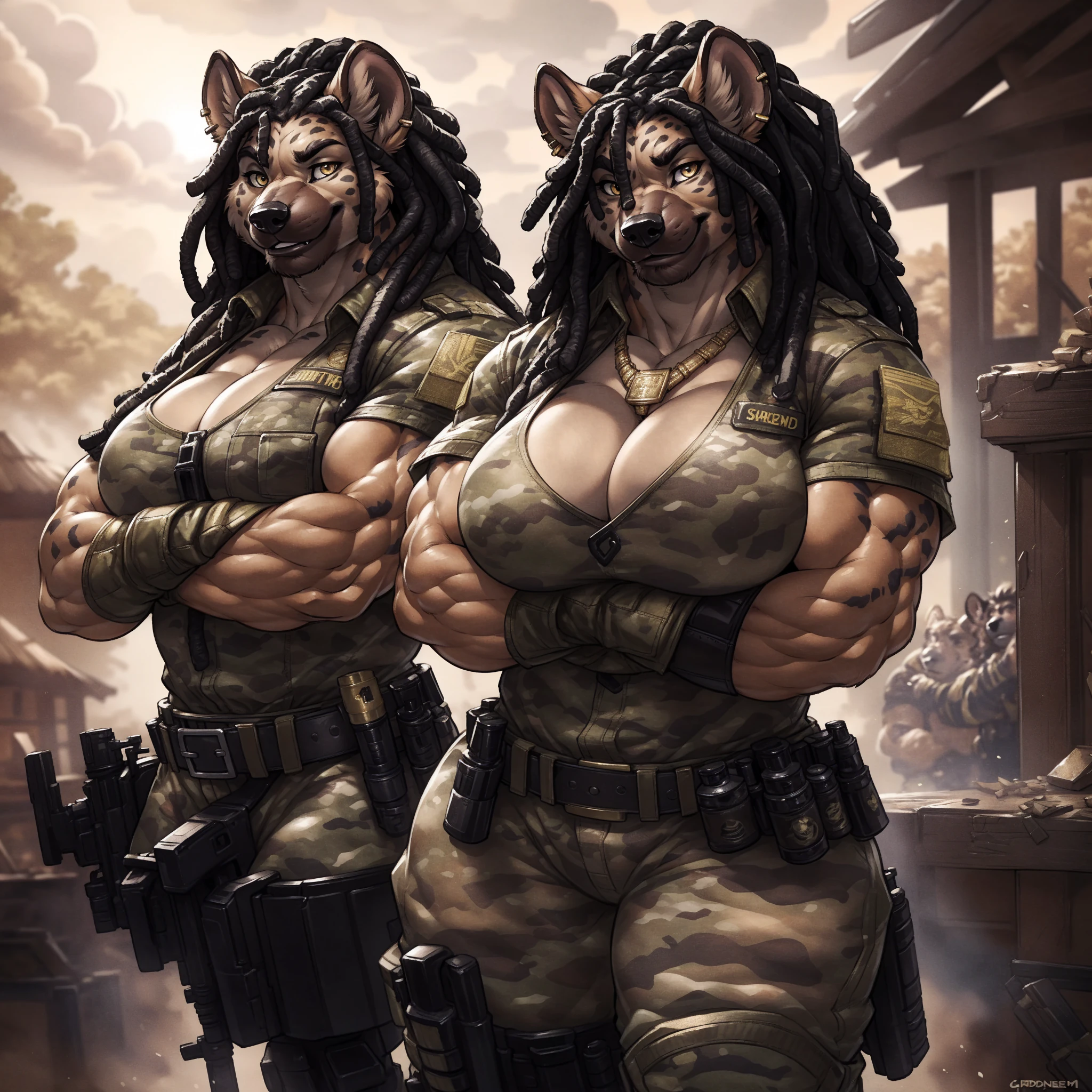 solo, 1girl, hyena, female, broad shoulders, stocky build, buff, muscular, large breasts, beige fur, spots, dreadlocks, black hair, gold eyes, highly detailed eyes, Amazon, powerful figure, wearing camouflage_uniform, (monochrome uniform:1.2), military camp, rolled sleeves, shirt, cleavage, standing upright, (arms crossed:1.2), combat boots, full body, pleasant smile, looking at viewer, realistic lighting, by darkgem, by wfa, by gideon,