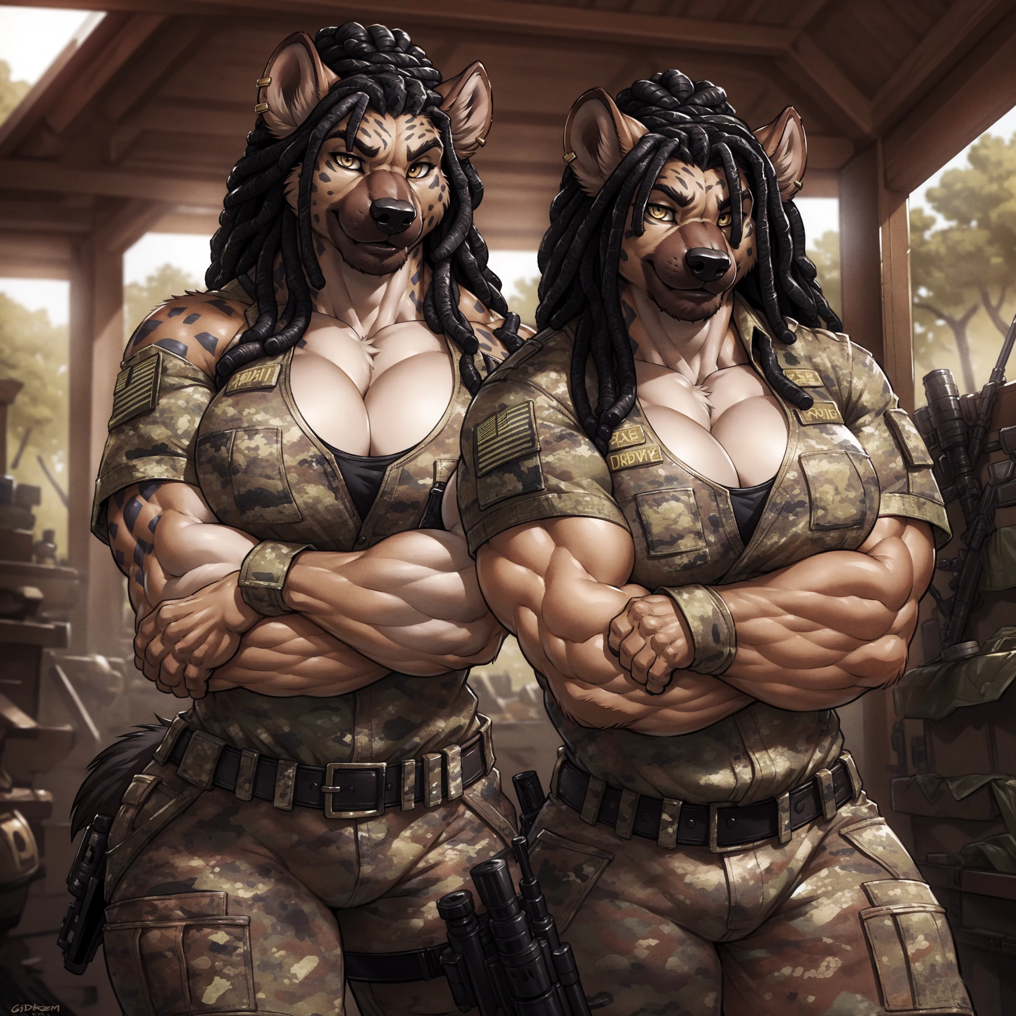 solo, 1girl, hyena, female, broad shoulders, stocky build, buff, muscular, large breasts, beige fur, spots, dreadlocks, black hair, gold eyes, highly detailed eyes, Amazon, powerful figure, wearing camouflage_uniform, (monochrome uniform:1.2), military camp, rolled sleeves, shirt, cleavage, standing upright, (arms crossed:1.2), combat boots, full body, pleasant smile, looking at viewer, realistic lighting, by darkgem, by wfa, by gideon,