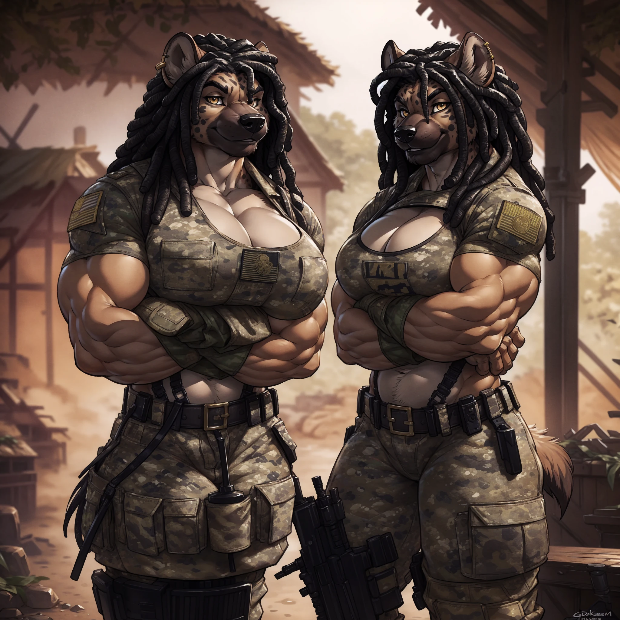 solo, 1girl, hyena, female, broad shoulders, stocky build, buff, muscular, large breasts, beige fur, spots, dreadlocks, black hair, gold eyes, highly detailed eyes, Amazon, powerful figure, wearing camouflage_uniform, (monochrome uniform:1.2), military camp, rolled sleeves, shirt, cleavage, standing upright, (arms crossed:1.2), combat boots, full body, pleasant smile, looking at viewer, realistic lighting, by darkgem, by wfa, by gideon,