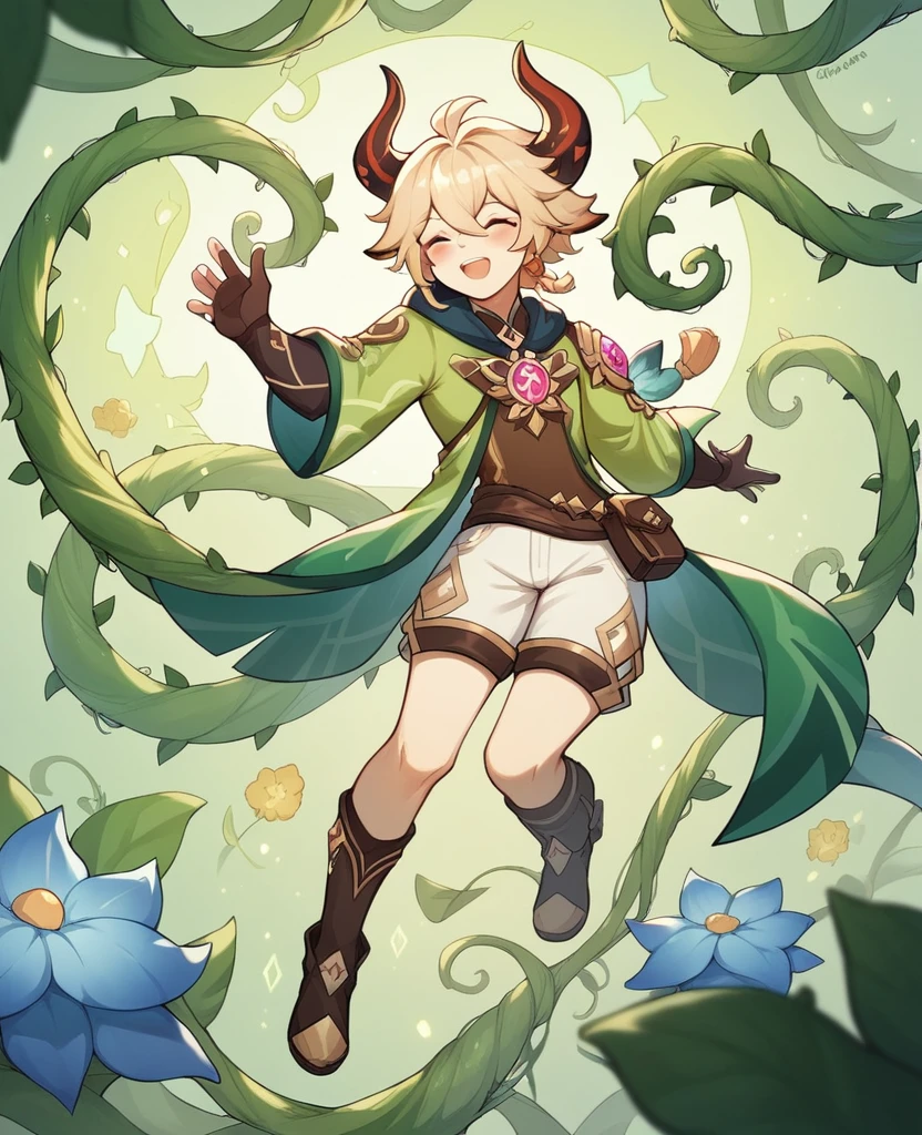 Make Genshin Impact ok. Yellow medieval summer girl, concept, vines on the hand and horns from the vines, full length, whole body, magic hunter, White shorts, SFV Genshin style