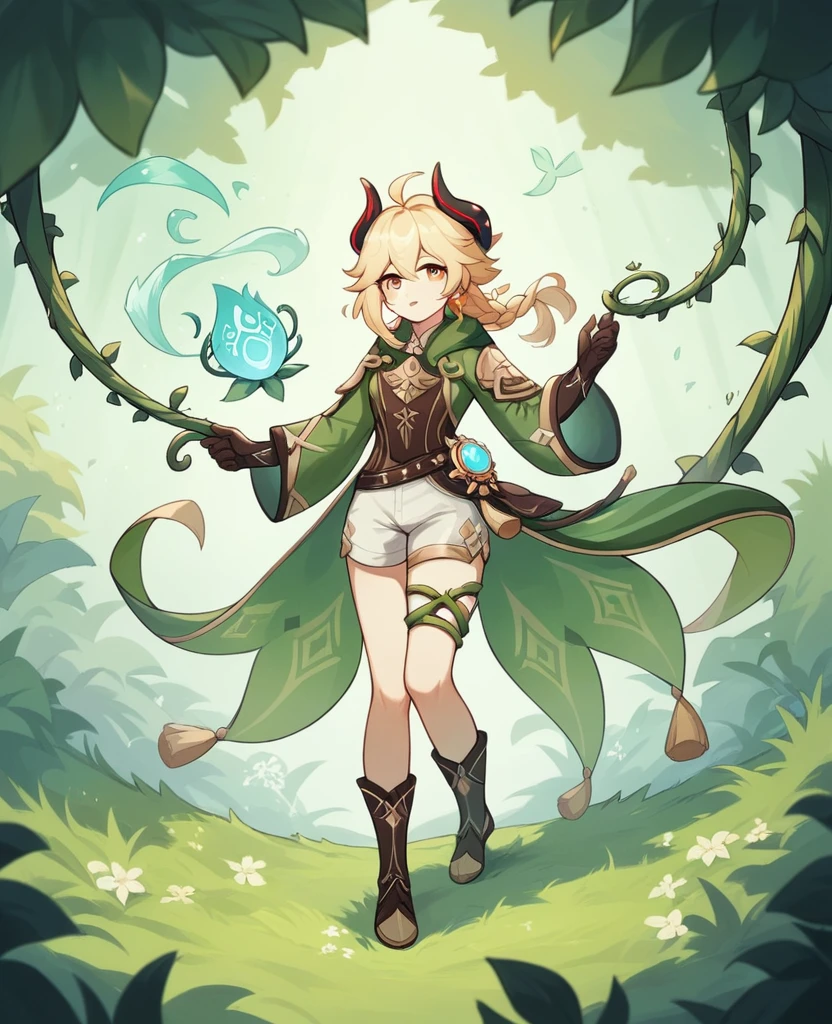 Make Genshin Impact ok. Yellow medieval summer girl, concept, vines on the hand and horns from the vines, full length, whole body, magic hunter, White shorts, SFV Genshin style