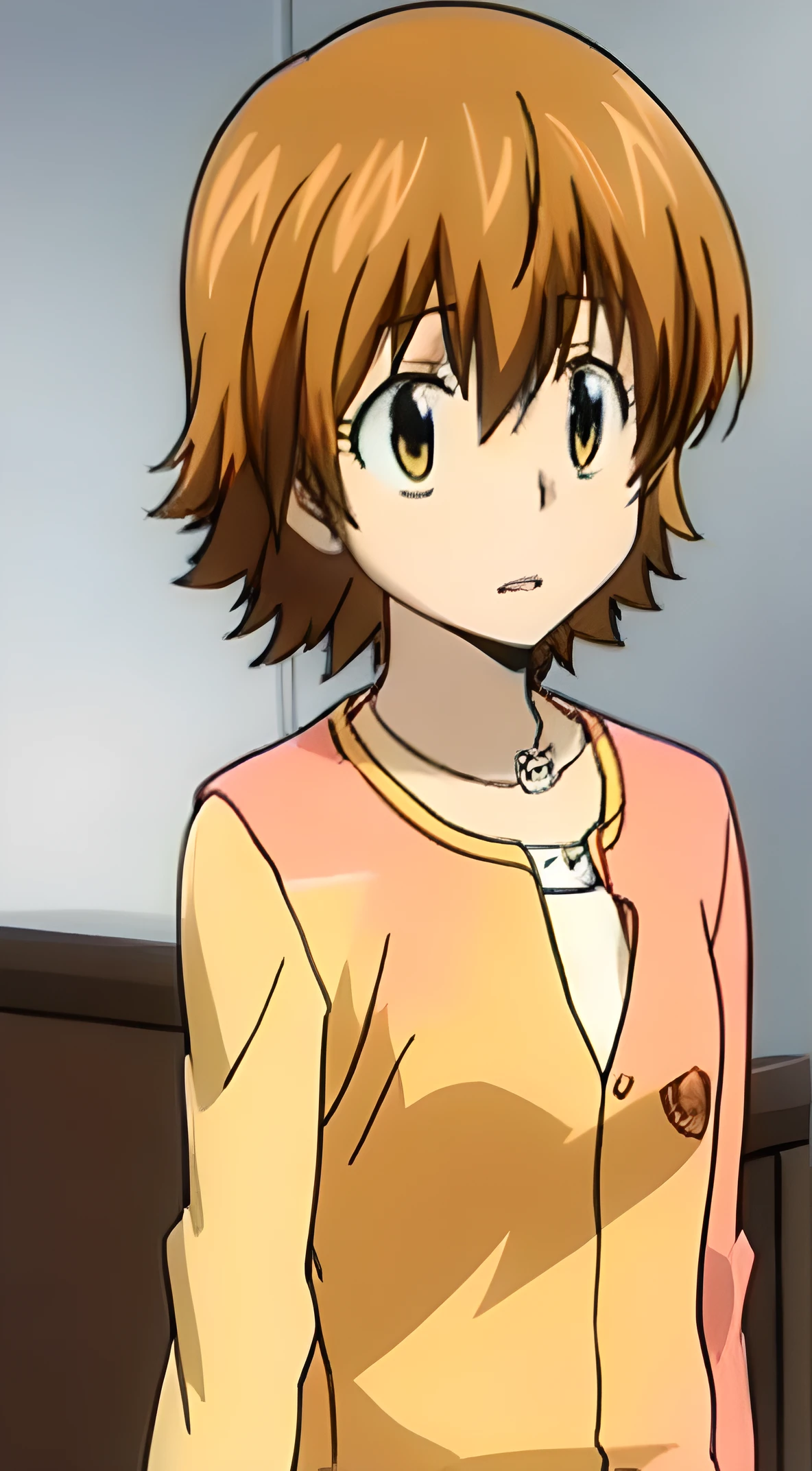 kyoko1, short hair, brown hair, brown eyes, White t shirt, shortslevees, squared neck shirt, pink Striped Dress,Yellow cardigan, unbuttoned cardigan, masterpiece, looking at the viewers, high quality,