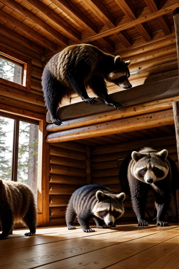 A raccoon and a bear playing in a cabin