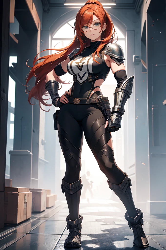 ((Full body photo, standing, feet on the floor)) (2woman),woman walking on way,redhead,huge hair ,ponytail hair,green eyes,fine face,muscular,strong arms,strong lags,(vambrace),(vambrace),(metal vambrases),(((Gauntlet))),t-shirt,white t-shirt,big boots,lighting powers,energy around her,lightning grouing from her,glasses,tactical clothes